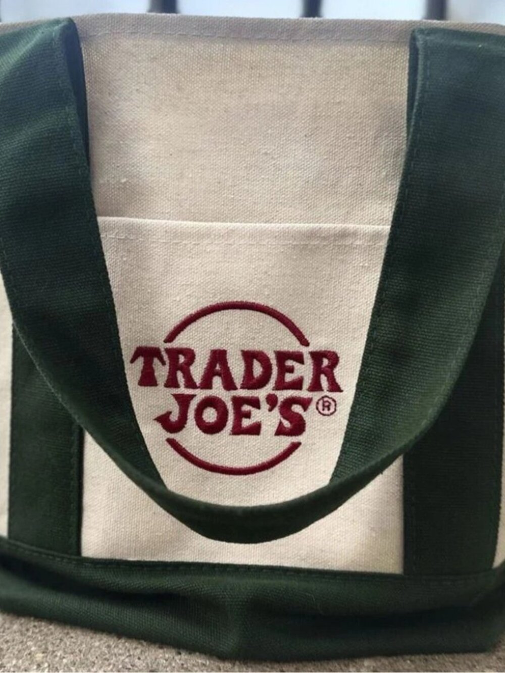 NWT Trader Joe's Mini Tote Bag Ivory with Green Straps & Bottom - Picture 2 of 3